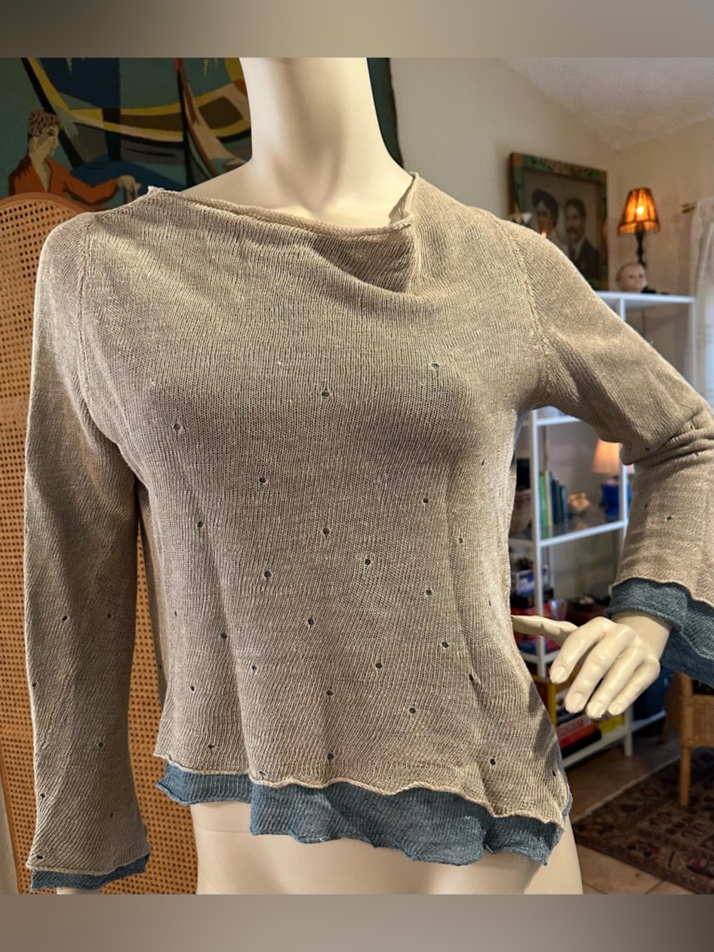 CAT-KAHRS Denmark Designer Blue / Taupe Layered-Hem linen lagenlook top sz SMALL